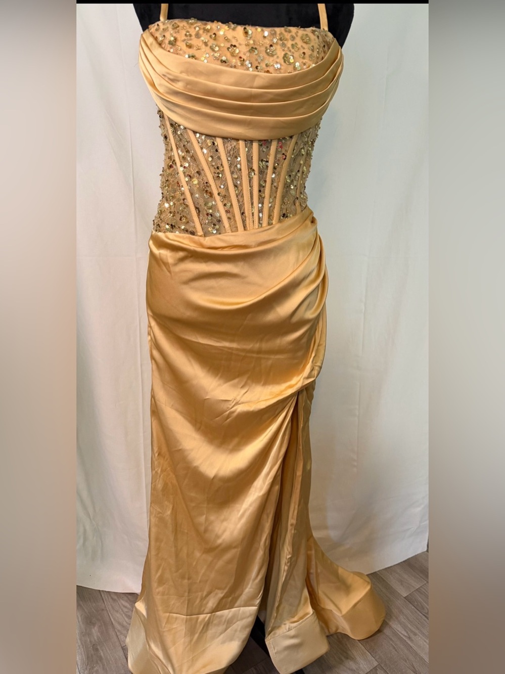 Women’s Gold sequin Corset Satin prom Dress
